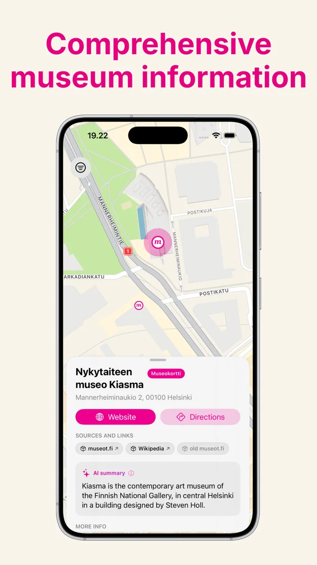 Museum detail view in the app: directions, links to the museum's own pages and an AI generated description