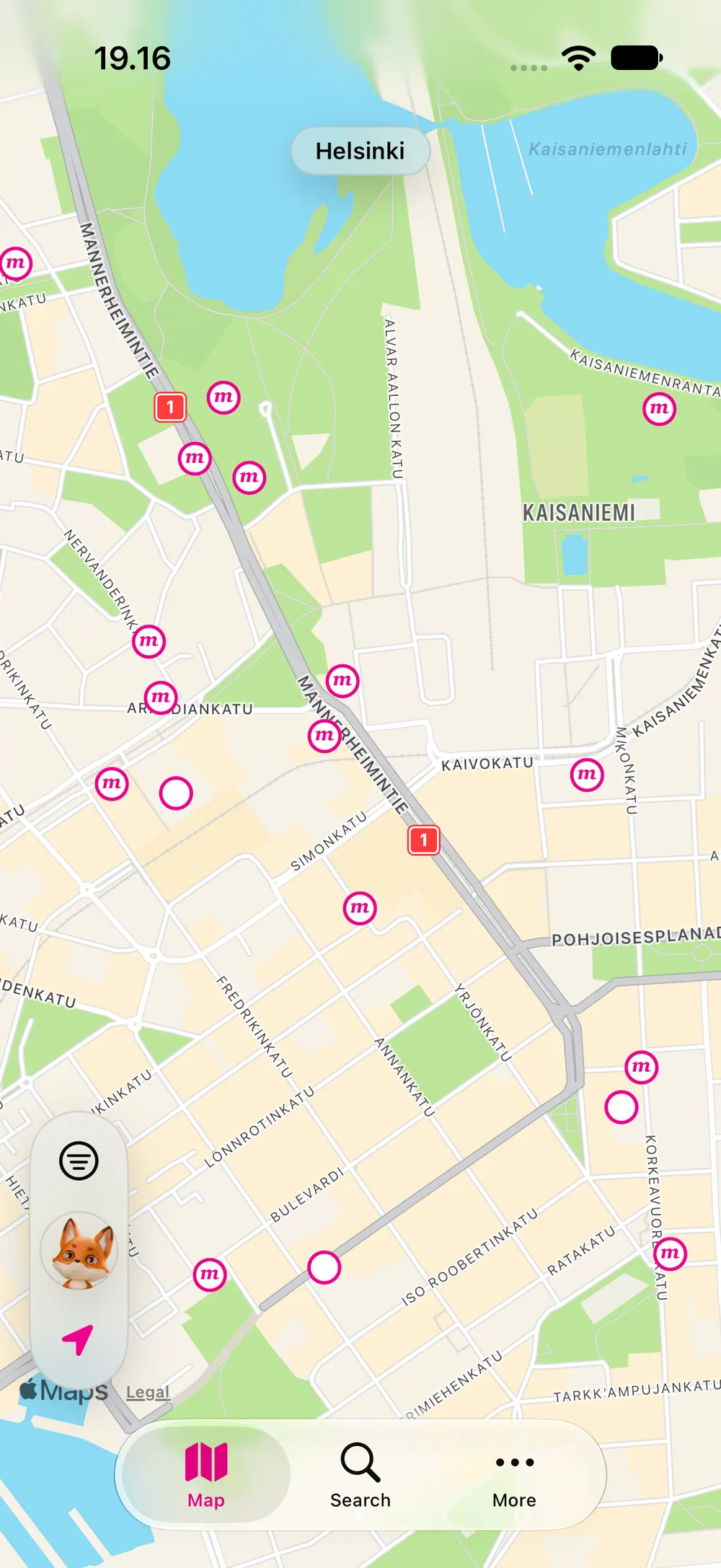 Actual iOS screenshot: museums in Helsinki and the fox guide button.