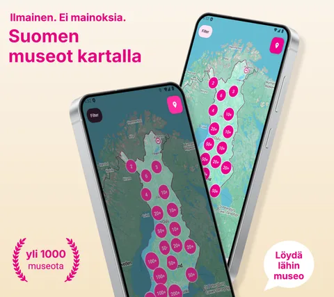 Verkkosivun pääkuva: kaksi puhelinta ja Suomen museot klustereina