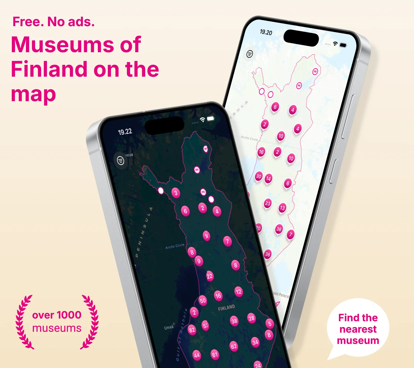 The Finnish Museums app on two phones: museums across Finland shown as map clusters and finding the nearest museum